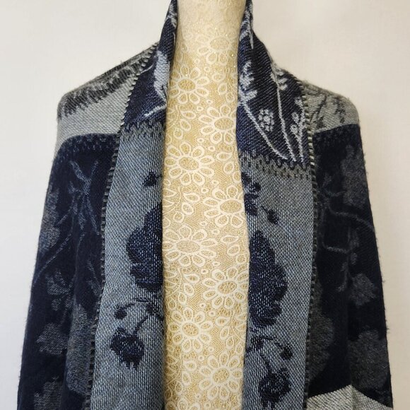 Aurora Paci Italia Blue Gray Floral Print Wool Blend Scarf Wrap Shaw Fringe City - Picture 2 of 16